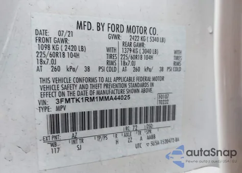 2021 Ford Mustang Mach-E Select z USA, uszkodzony, nr VIN 3FMTK1RM1MMA44025